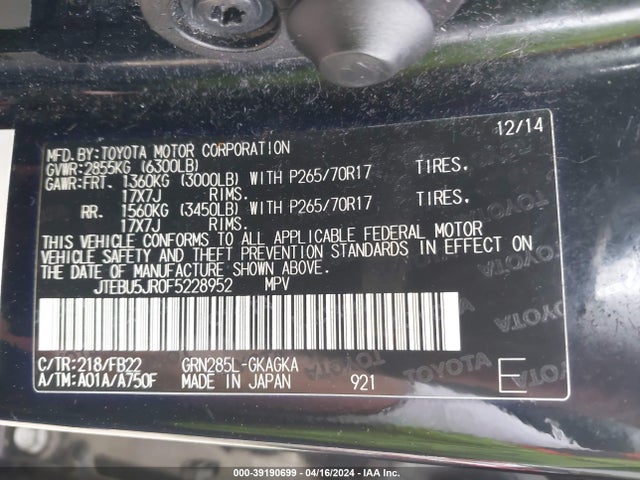 Toyota 4RUNNER SR5 2015 JTEBU5JR0F5228952 Image 9