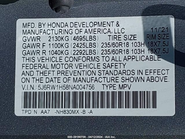 5J6RW1H58NA004756 Honda Cr-v 2wd Ex