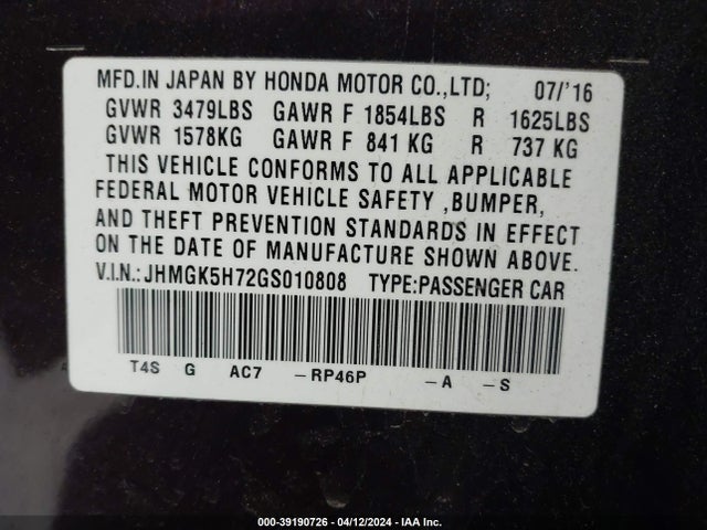 Honda FIT EX 2016 JHMGK5H72GS010808 Image 9