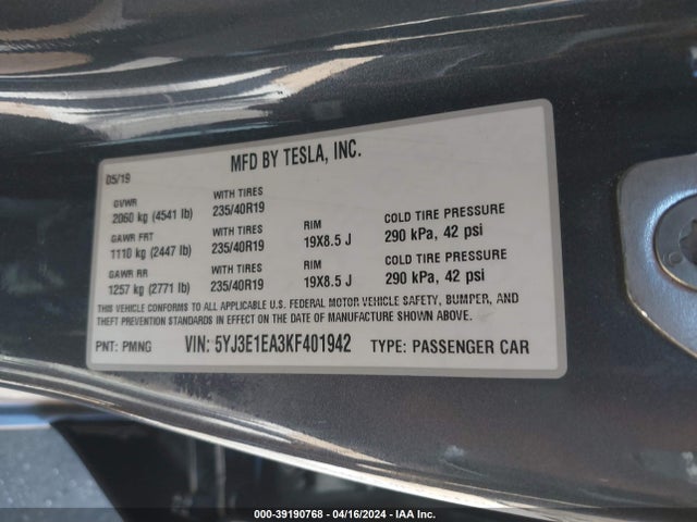 Tesla Model 3 Long Range/mid Range/standard Range/standard Range Plus 2019 5YJ3E1EA3KF401942 Image 9