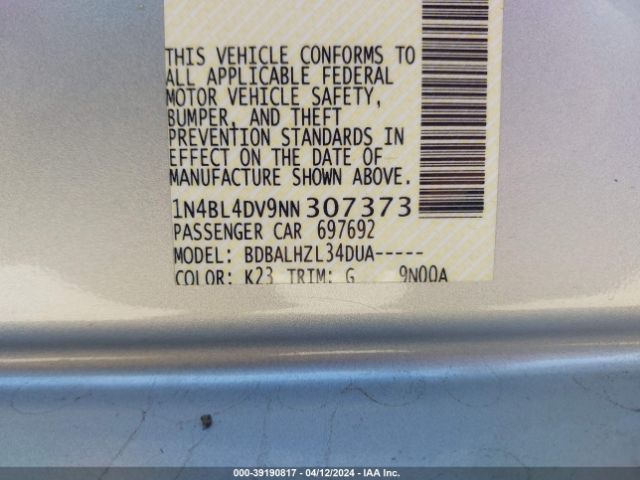 1N4BL4DV9NN307373 Nissan Altima Sv Fwd