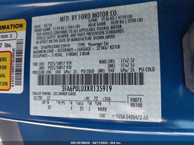 3FA6P0LUXKR135919 Ford Fusion Hybrid Se