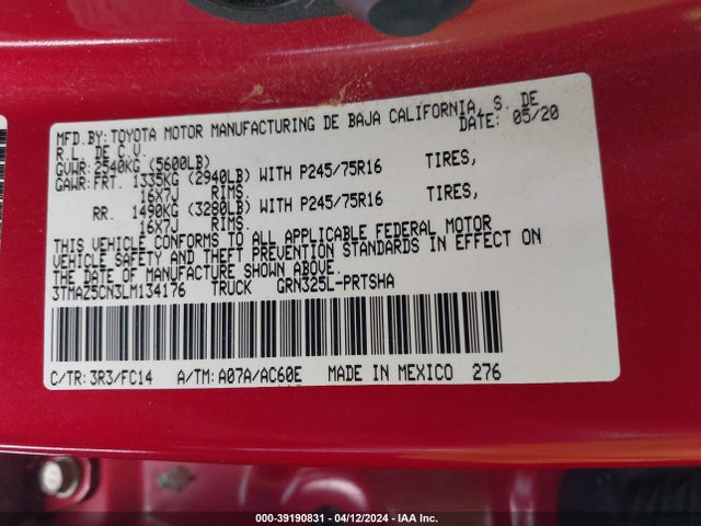 Toyota Tacoma Sr5 V6 2020 3TMAZ5CN3LM134176 Image 9