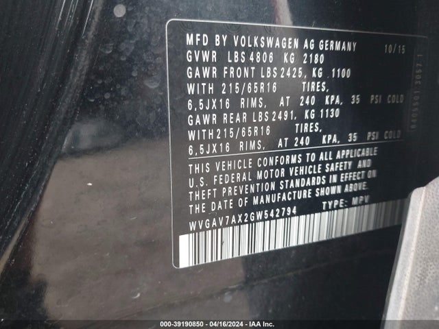 WVGAV7AX2GW542794 Volkswagen TIGUAN S