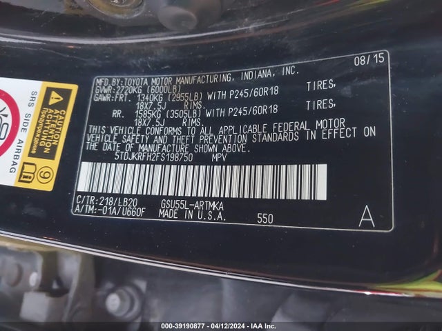 Toyota Highlander Xle V6 2015 5TDJKRFH2FS198750 Image 9