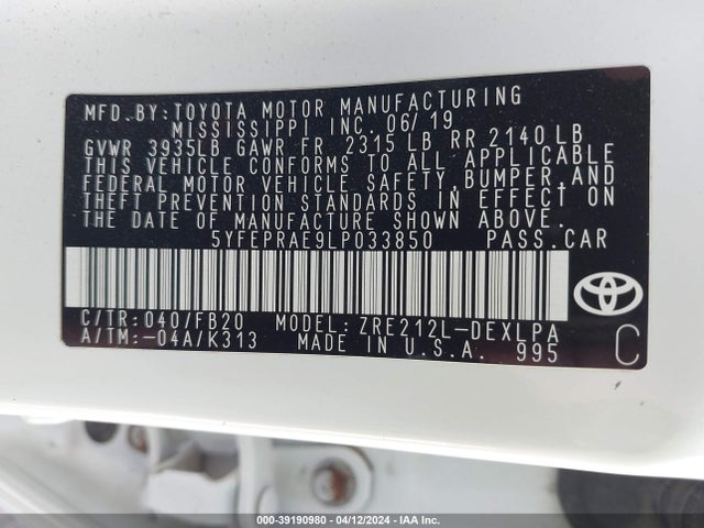 Toyota COROLLA LE 2020 5YFEPRAE9LP033850 Image 9