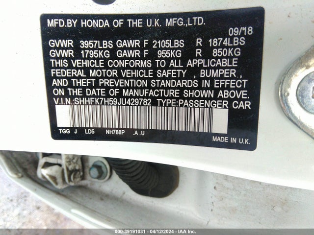 Honda CIVIC EX 2018 SHHFK7H59JU429782 Image 9