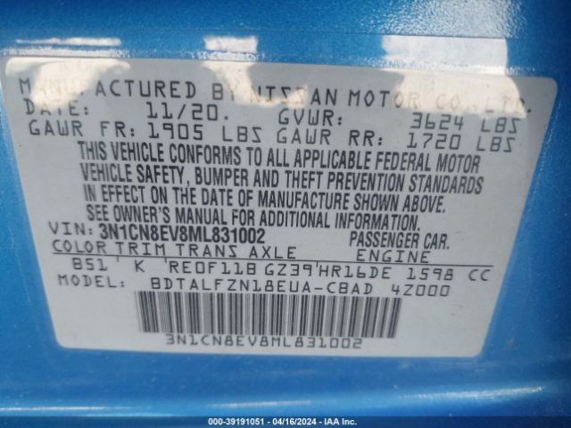 3N1CN8EV8ML831002 Nissan Versa Sv Xtronic Cvt