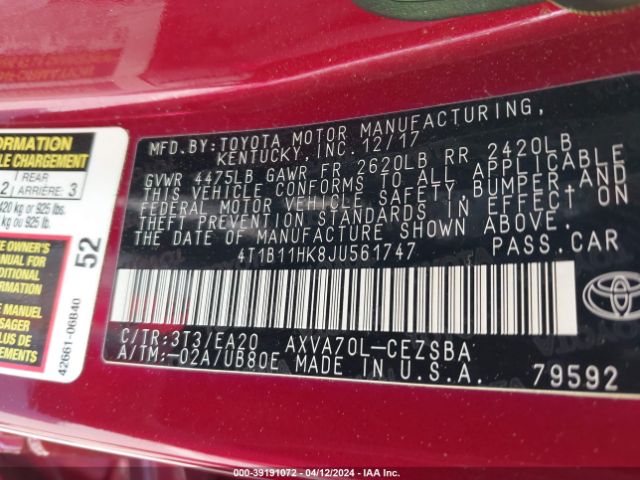 4T1B11HK8JU561747 Toyota CAMRY SE