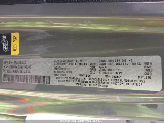 1C6HJTAG7NL149340 Jeep Gladiator Texas Trail 4x4