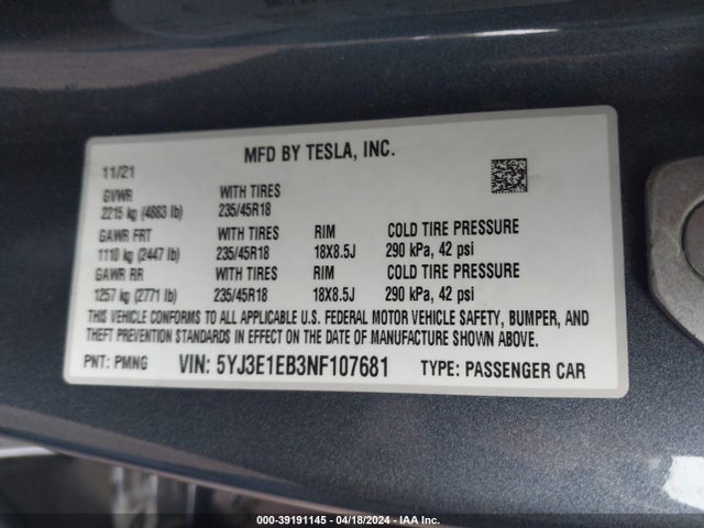 Tesla Model 3 Long Range Dual Motor All-wheel Drive 2022 5YJ3E1EB3NF107681 Image 9