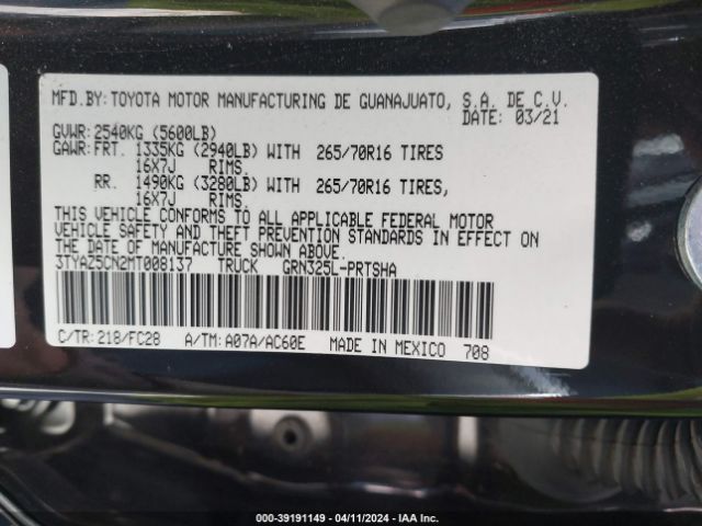 3TYAZ5CN2MT008137 Toyota Tacoma Sr5 V6