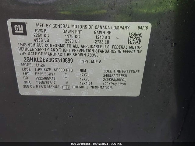 Chevrolet EQUINOX LT 2016 2GNALCEK3G6310899 Image 9