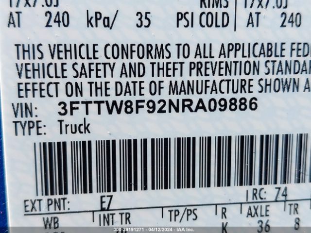 3FTTW8F92NRA09886 Ford Maverick Xlt