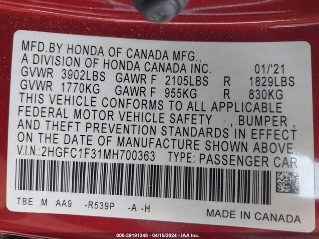 Honda CIVIC EX 2021 2HGFC1F31MH700363 Image 9