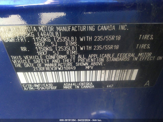 Toyota Rav4 Limited 2015 2T3DFREV3FW310849 Image 9