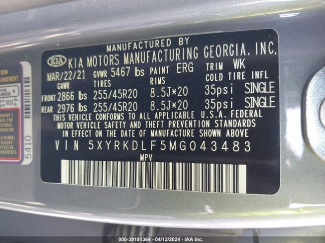 5XYRKDLF5MG043483 KIA Sorento Sx Prestige