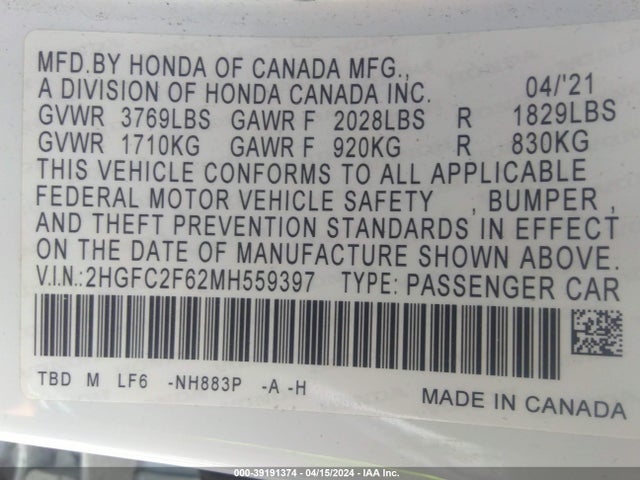Honda Civic Lx 2021 2HGFC2F62MH559397 Image 9