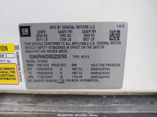 Chevrolet Traverse 2lt 2014 1GNKRHKD9EJ229783 Image 9