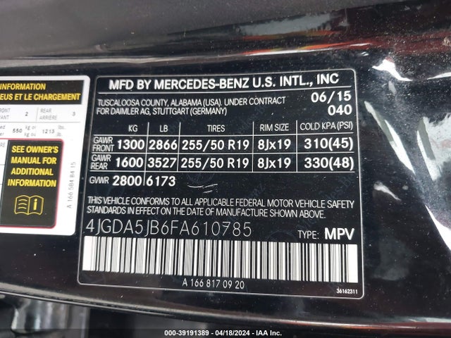4JGDA5JB6FA610785 Mercedes-Benz ML 350