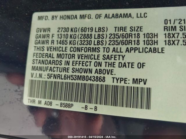 5FNRL6H53MB043868 Honda ODYSSEY EX