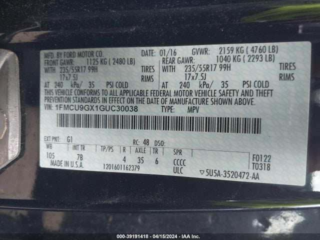 Ford ESCAPE SE 2016 1FMCU9GX1GUC30038 Image 9