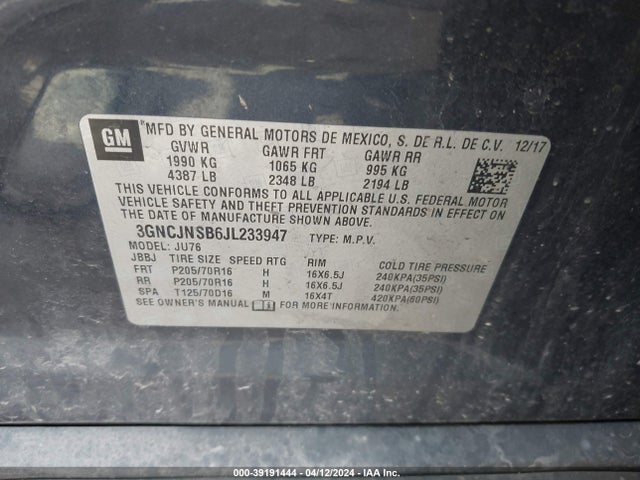 Chevrolet TRAX LS 2018 3GNCJNSB6JL233947 Image 9