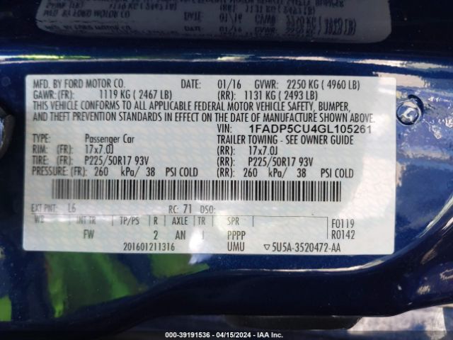 1FADP5CU4GL105261 Ford C-max Energi Sel