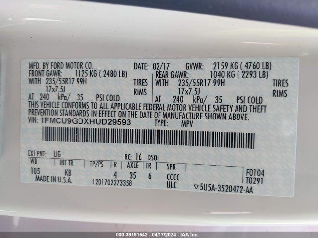 Ford ESCAPE SE 2017 1FMCU9GDXHUD29593 Image 9
