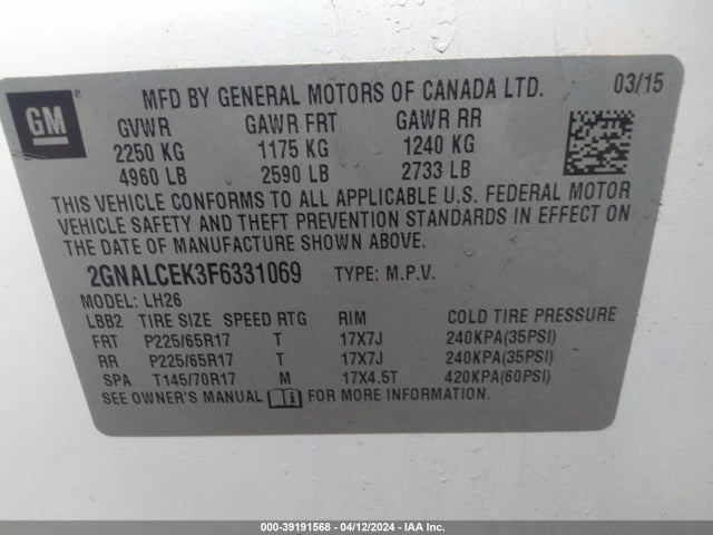 Chevrolet Equinox 2lt 2015 2GNALCEK3F6331069 Image 9