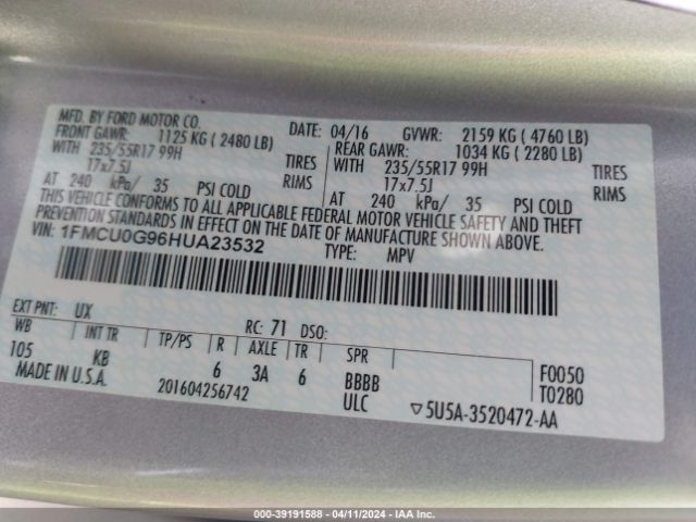 1FMCU0G96HUA23532 Ford ESCAPE SE