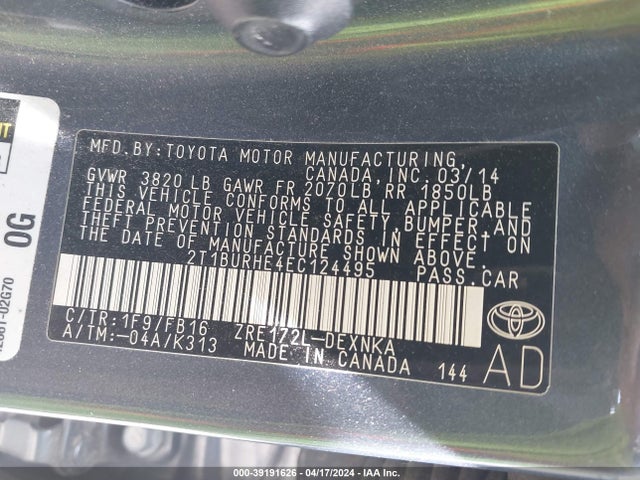 Toyota COROLLA LE 2014 2T1BURHE4EC124495 Image 9