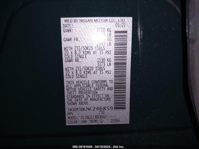 Nissan Pathfinder Platinum 4wd 2022 5N1DR3DK2NC246859 Image 18