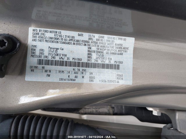 Ford FOCUS SE 2016 1FADP3K21GL407191 Image 9