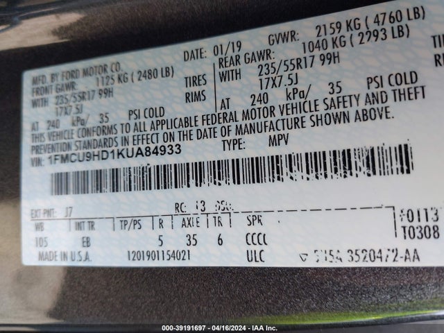 1FMCU9HD1KUA84933 Ford ESCAPE SEL