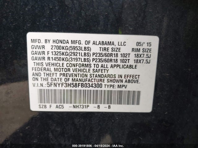 Honda Pilot Ex-l 2015 5FNYF3H58FB034300 Image 9