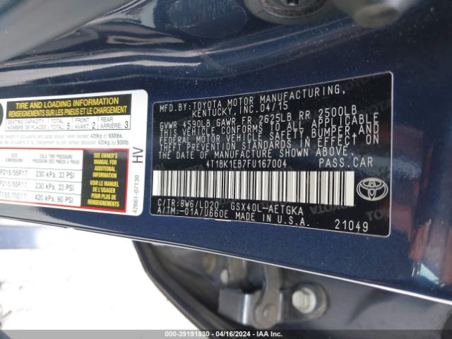 4T1BK1EB7FU167004 Toyota AVALON XLE