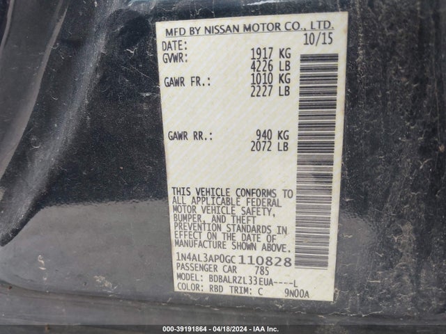 Nissan Altima 2.5 Sl 2016 1N4AL3AP0GC110828 Image 9