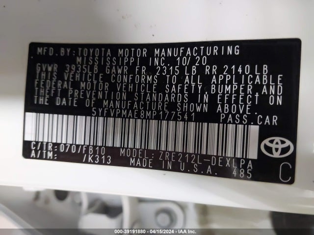 Toyota COROLLA LE 2021 5YFVPMAE8MP177541 Image 9