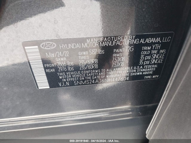 Hyundai Santa Fe Sel 2022 5NMS24AJ6NH447604 Image 9