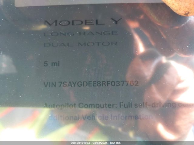 7SAYGDEE8RF037762 Tesla Model Y Long Range Dual Motor All-wheel Drive
