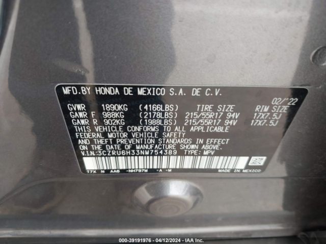 3CZRU6H33NM754389 Honda Hr-v Awd Lx