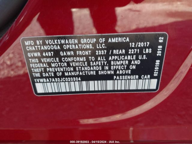 1VWBA7A32JC020304 Volkswagen Passat 2.0t Se