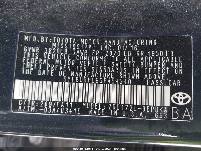 Toyota COROLLA L 2016 5YFBURHE6GP454240 Image 9