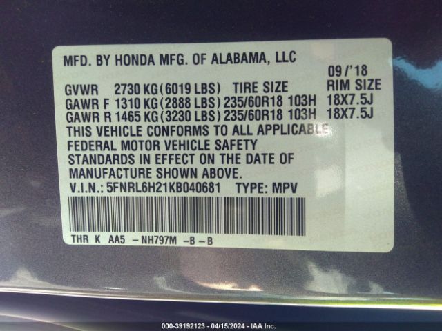5FNRL6H21KB040681 Honda ODYSSEY LX