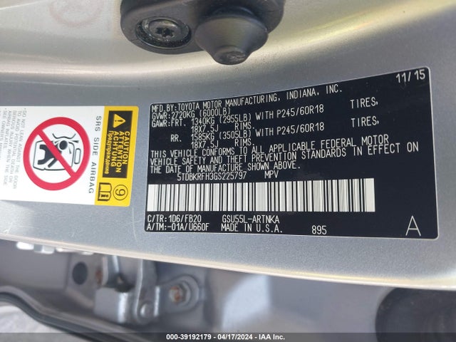 Toyota Highlander Le V6 2016 5TDBKRFH3GS225797 Image 9