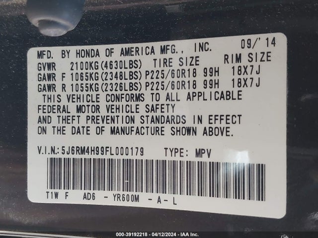 Honda Cr-v Touring 2015 5J6RM4H99FL000179 Image 9