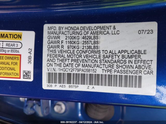 1HGCY2F79PA058152 Honda Accord Hybrid Sport-l