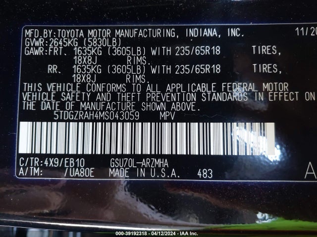 Toyota Highlander Xle 2021 5TDGZRAH4MS043059 Image 9