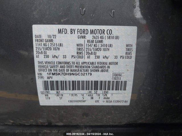 Ford EXPLORER XLT 2022 1FMSK7DH9NGC32179 Image 9